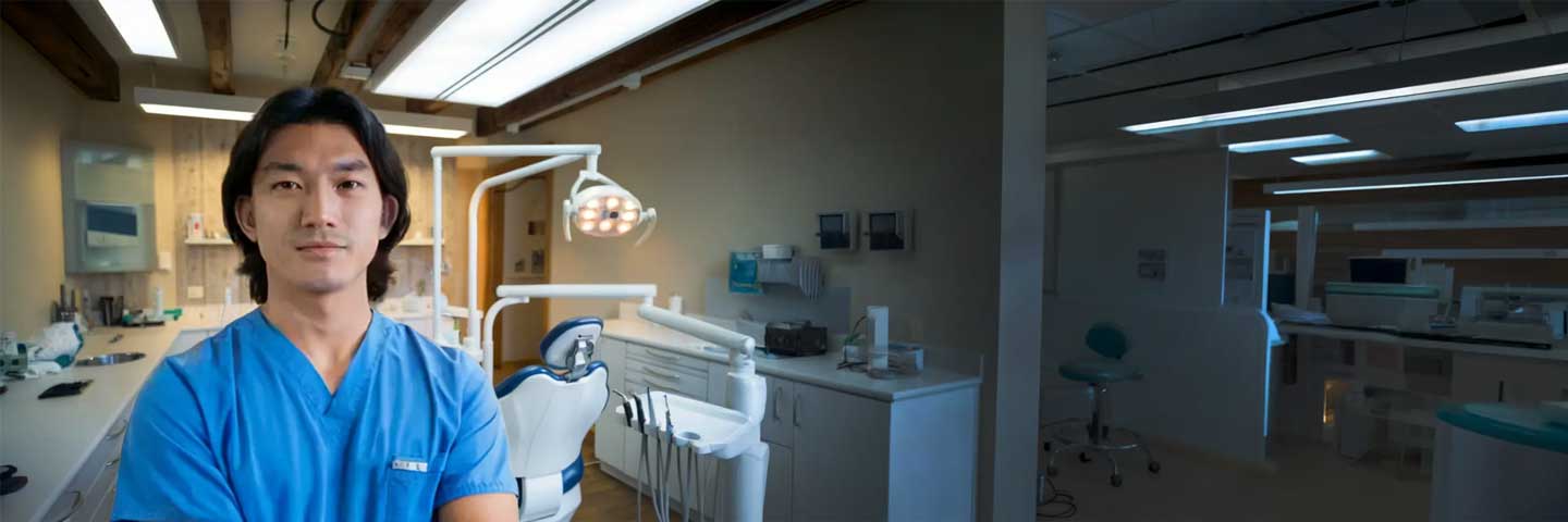 Dental professional standing beside a dental chair in a dental clinic.