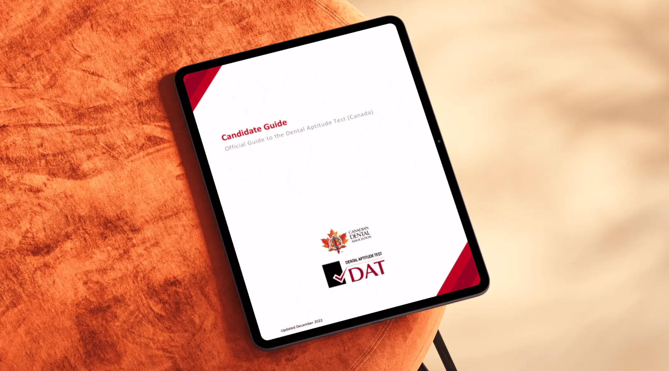 Tablet displaying the Candidate Guide for the Dental Aptitude Test Canada.