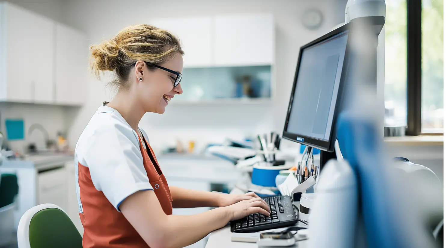 Dental professional working at a computer in a dental clinic.