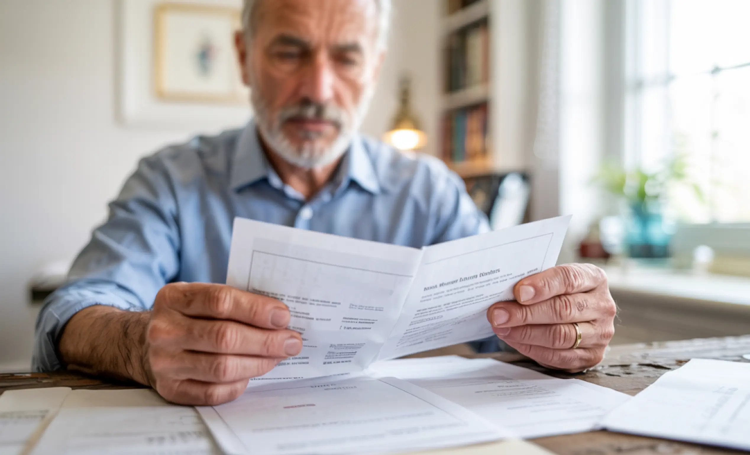 Older man reviewing paperwork at a table in a home office