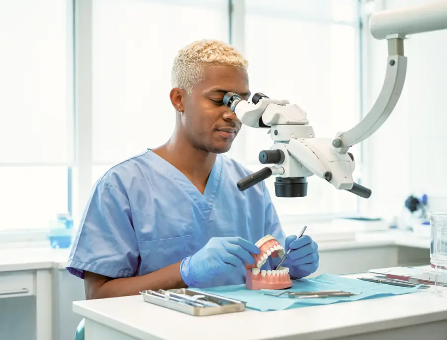 Dental professional uses a microscope to examine a dental model.