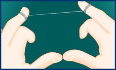Dental floss wrapped around fingers for proper flossing technique.