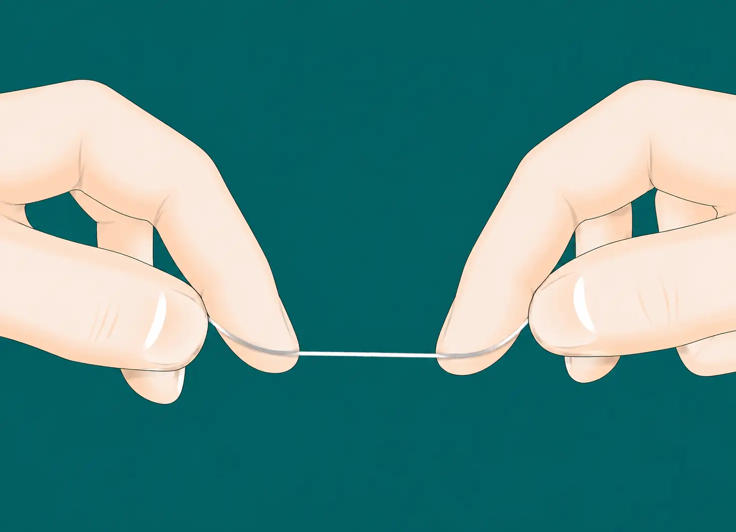 hold-floss-between-fingers Hands holding dental floss stretched between the fingers to demonstrate proper flossing technique.