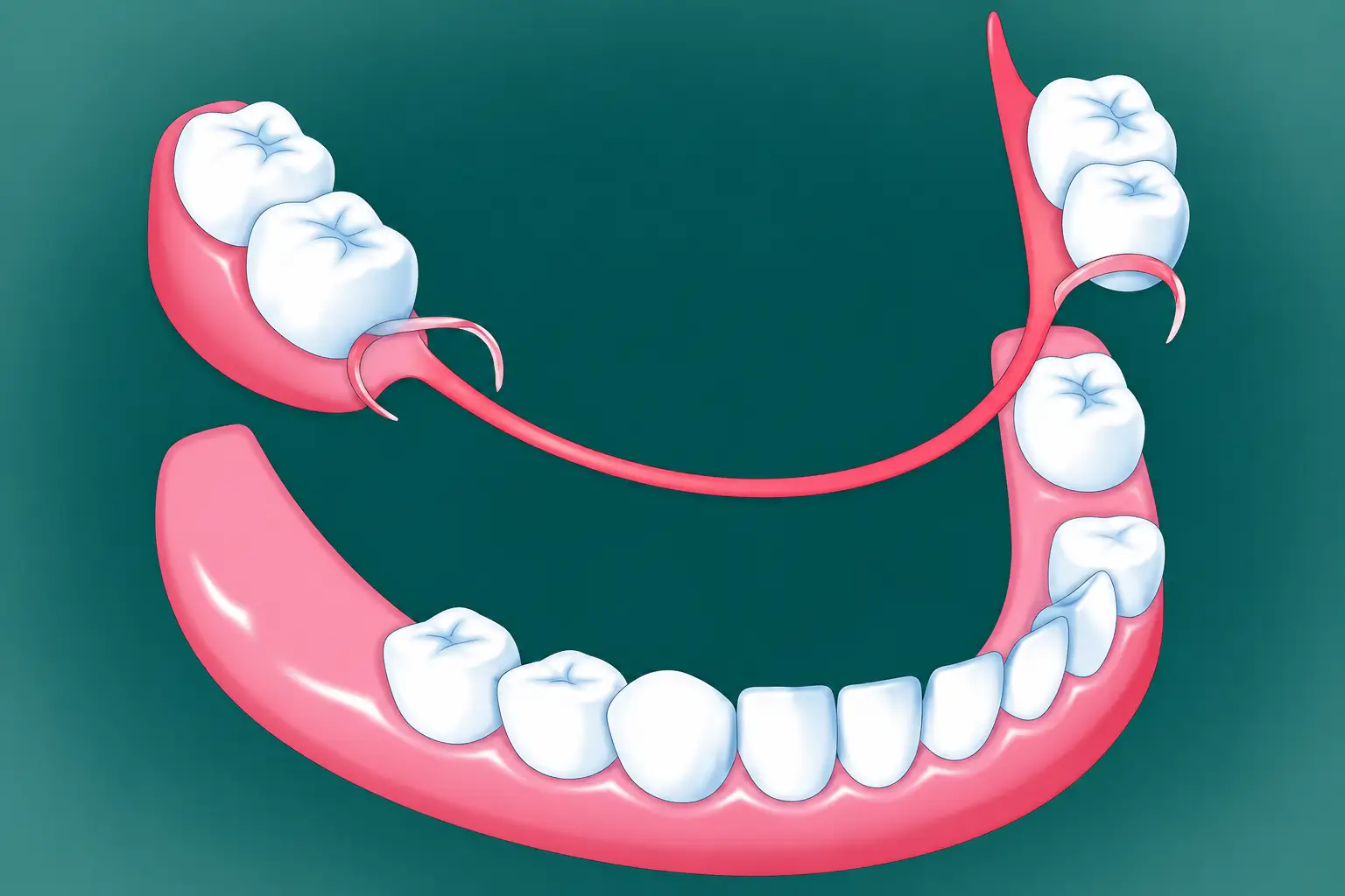 Dental floss threaded between lower teeth in a flossing technique illustration.