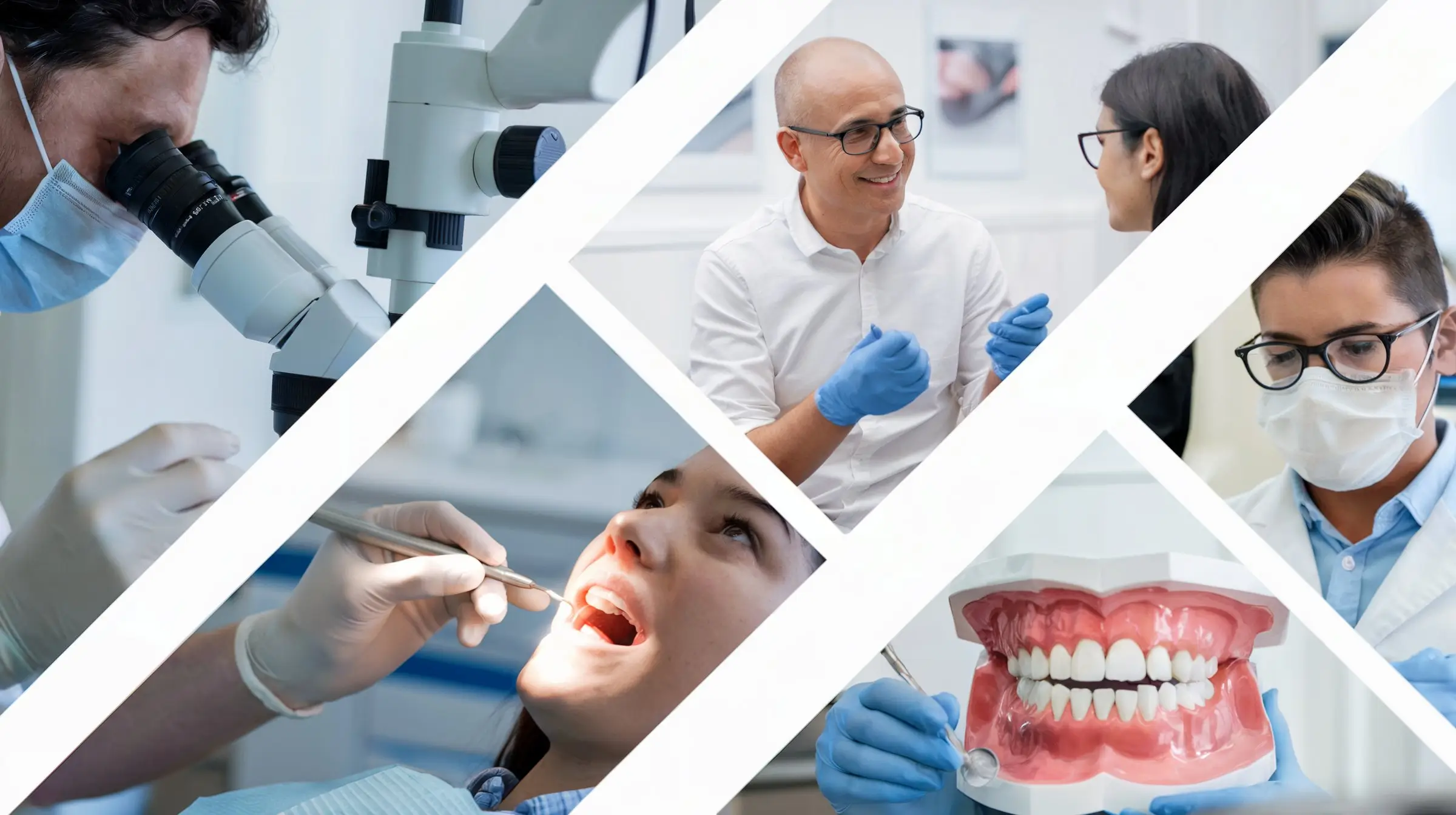 Collage of dental professionals, patient care, oral examination, and dental education activities