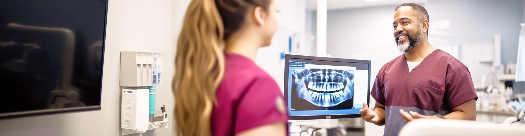 Dentist speaking with a patient in a dental clinic while reviewing a dental X-ray on a monitor.