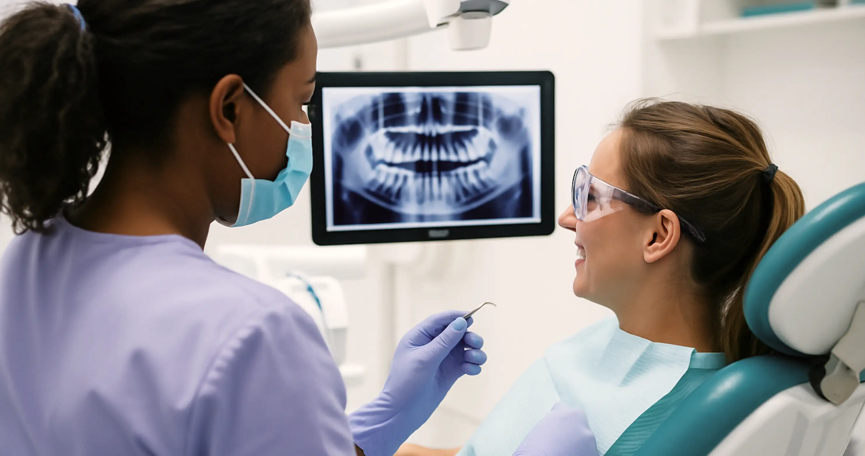 Dentist reviewing a dental X-ray with a patient in a dental exam room