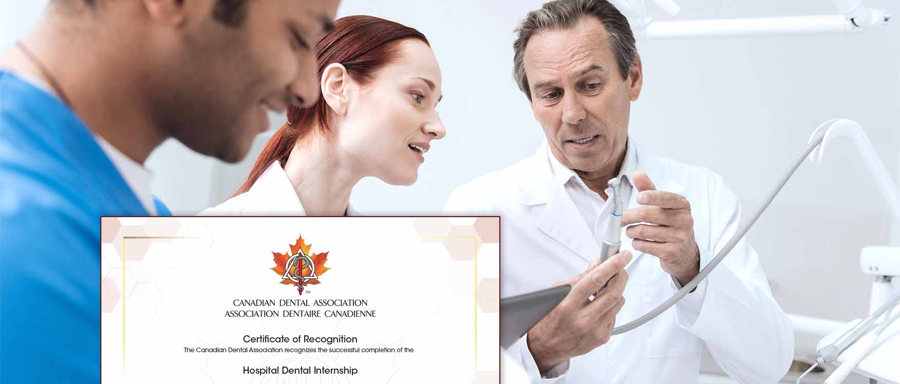 dentist talking in front of certificate