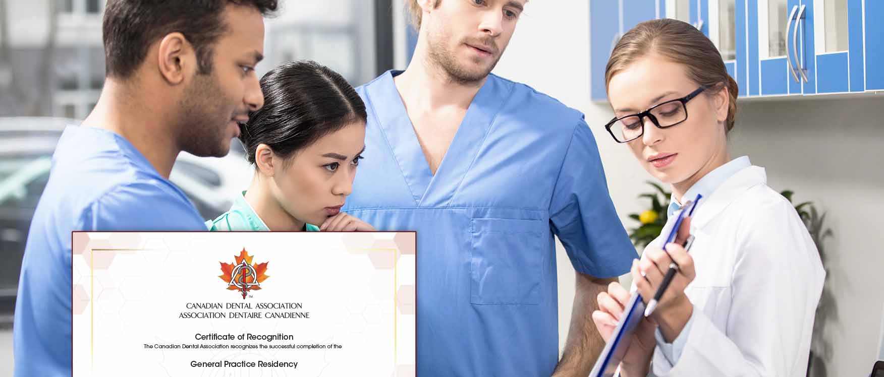dentist talking in front of certificate