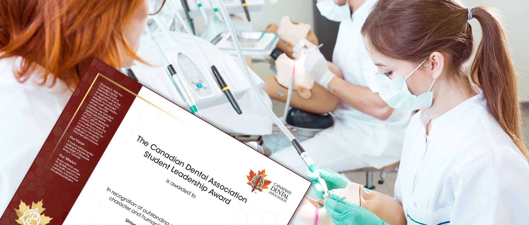 certificate in foreground of dental students
