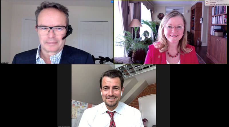 Three people in a video conference call, each shown in separate webcam windows.