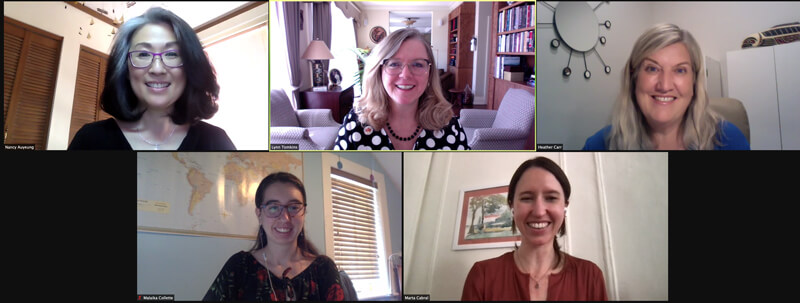 Five people in a video conference call displayed in separate webcam windows.